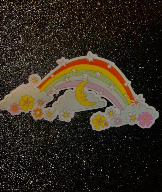 Retro Trippy Moon & Rainbow Waterproof Sticker